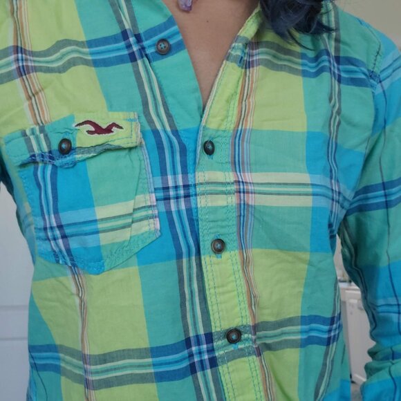 green and blue checkered soft cotton long sleeve button down shirt - Picture 3 of 4